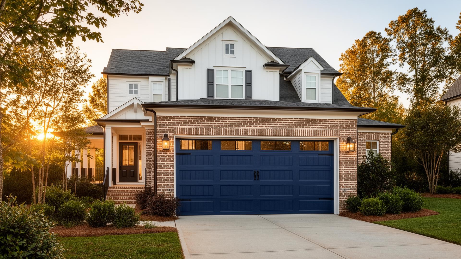 Modern Greenville, SC home with a navy carriage-style garage door at golden hour